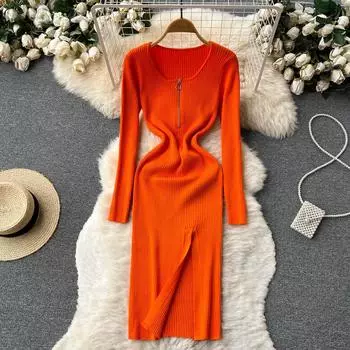 RUGOD высококачественное тонкое вязаное платье с длинными рукавами, летняя женская сумка, маленькое черное платье на бедрах One Size бежевый