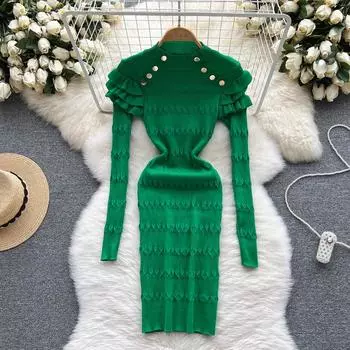 RUGOD, высококачественное зеленое платье с длинными рукавами и рюшами для холодного ветра, летнее женское шикарное потрясающее платье на бедрах с поясом