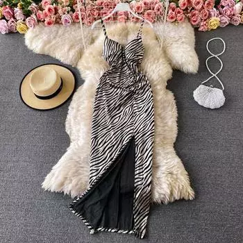 RUGOD Зебра платье на подтяжках без рукавов 2022 Весна Новая мода Высокая талия с открытой спиной и разрезом длинное платье S чёрный