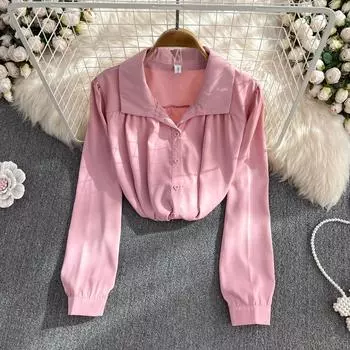 RUGOD женская белая рубашка, осенний новый свободный дизайн в стиле ретро, однобортный топ с длинными рукавами и пузырьками One Size розовый