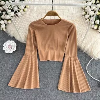 RUGOD Женская футболка в стиле ретро с круглым вырезом и высокой талией, тонким рукавом-колокольчиком, тонкий короткий топ с пупком, осень One Size зелёный