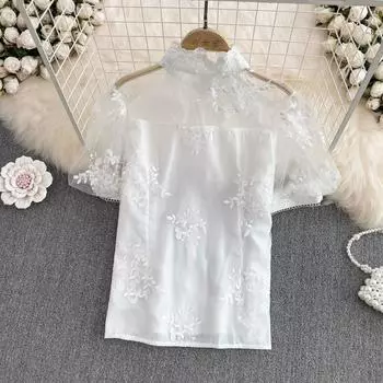 RUGOD женская летняя возрастная рубашка с пышными рукавами, тонкая, с короткими ремешками на талии, утягивающая темперамент, маленькая женская рубашка с воротником-стойкой