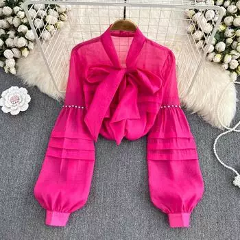 RUGOD Женская осенняя однобортная прозрачная рубашка с галстуком-бабочкой и длинными рукавами