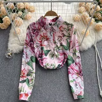 RUGOD Женская осенняя свободная атласная рубашка с длинными рукавами и принтом S красный