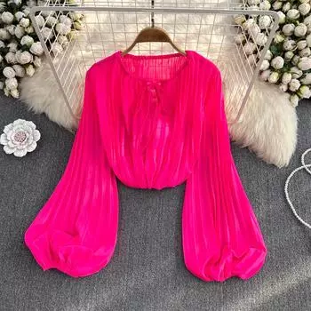 RUGOD Женская осенняя свободная однотонная плиссированная рубашка с длинными рукавами и круглым вырезом