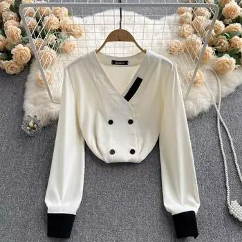 RUGOD женская осенняя свободная рубашка контрастного цвета с длинными рукавами и v-образным вырезом, красивая маленькая рубашка