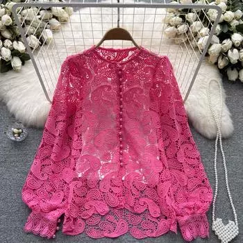 RUGOD Женская осенняя свободная рубашка с длинными рукавами, связанная крючком