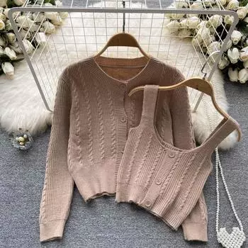 RUGOD Женская осенняя свободная вязаная куртка-кардиган с длинными рукавами, камзол, комплект из двух предметов One Size чёрный