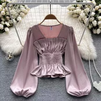 RUGOD Женская осенняя тонкая рубашка с квадратным воротником и красивой рубашкой с длинным рукавом One Size зелёный