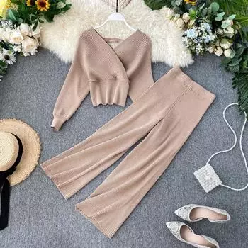 RUGOD женская яркая шелковая вязаная сумка с высокой талией, модный свитер из двух предметов с v-образным вырезом и рукавами «летучая мышь», женские комплекты из двух предметов One Size чёрный