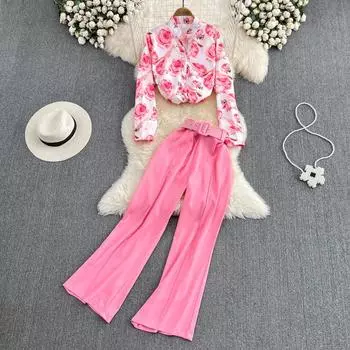 RUGOD Женская свободная рубашка с длинным рукавом с воротником-стойкой и принтом розы, прямые широкие брюки с высокой талией и высокой талией One Size розовый