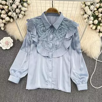 RUGOD женская весенне-осенняя кружевная рубашка с вышивкой, модные возрастные топы, высокое качество, повседневные однобортные блузки