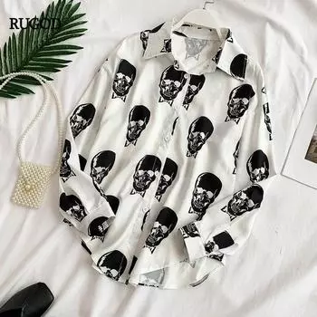 RUGOD Женские блузки с принтом черепа, элегантные модные летние топы и блузки в стиле Харадзюку с отложным воротником, уличная одежда, горячая осень M белый