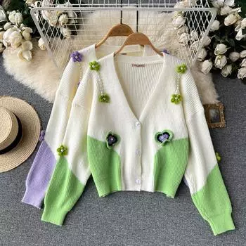 RUGOD Женские вязаные топы с длинными рукавами контрастного цвета, свитер-кардиган с v-образным вырезом One Size зелёный