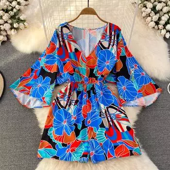 RUGOD Женский комбинезон с v-образным вырезом и длинными рукавами с принтом, тонкие широкие шорты с талией, комбинезон