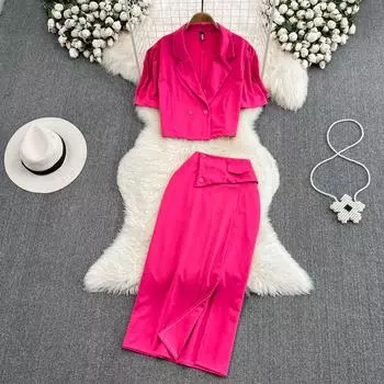 RUGOD Женский костюм Ретро с лацканами Свободные короткие рукава с пышными рукавами Пиджак из двух частей Юбка с высокой талией и разрезом