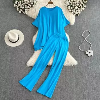 RUGOD женский костюм с круглым вырезом, свободный вязаный свитер, топ из двух частей, повседневные тонкие прямые широкие брюки с высокой талией