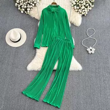 RUGOD женский модный костюм, свободная рубашка с длинными рукавами, повседневные плиссированные широкие брюки из двух предметов с высокой талией и драпировкой