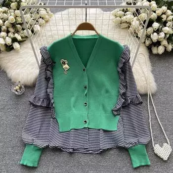 RUGOD Женский осенний свободный клетчатый топ контрастного цвета с длинными рукавами и v-образным вырезом One Size зелёный