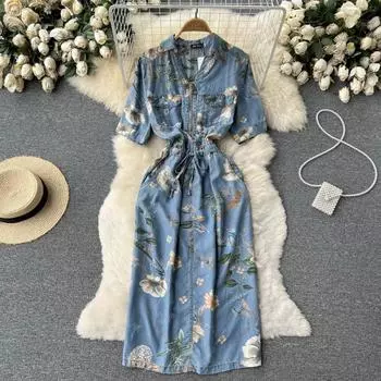 RUGOD Женское джинсовое платье с французским ретро-принтом и завязками на талии, темпераментное платье средней длины с разрезом на бедре, трапециевидное платье