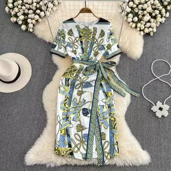 RUGOD женское летнее винтажное модное платье в стиле ретро с тонким поясом и завязками на талии, повседневное пригородное платье, женские платья