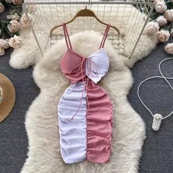 RUGOD, женское модное платье на подтяжках контрастного цвета для ночного клуба, женское эффектное платье с полостями и складками, облегающее и облегающее платье на бедрах