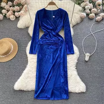 RUGOD Женское осеннее бархатное платье с v-образным вырезом и разрезом на талии, длинное платье до бедра M чёрный