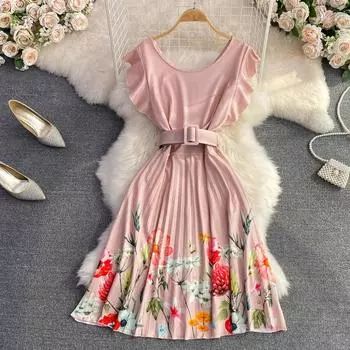 RUGOD женское осеннее новое плиссированное платье трапециевидной формы с круглым вырезом и летящими рукавами на талии