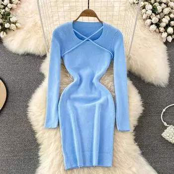 RUGOD женское осеннее облегающее короткое трикотажное платье с круглым вырезом и длинными рукавами