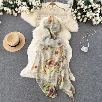 RUGOD женское осеннее платье с бретелькой на шее, морское праздничное платье с нерегулярным принтом на талии, красивая длинная юбка S зелёный