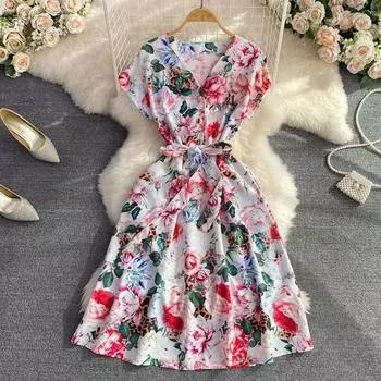 RUGOD Женское осеннее платье с цветочным принтом для перерыва на чай Ретро однобортное платье трапециевидной формы с v-образным вырезом и талией S чёрный