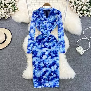 RUGOD Женское осеннее платье с v-образным вырезом и длинными рукавами, с мазковым принтом, утягивающее талию, с запахом и бедрами