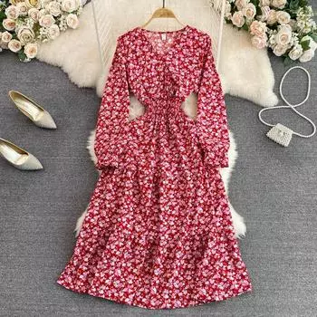 RUGOD женское осеннее платье с v-образным вырезом, пышным платьем трапециевидной формы с длинными рукавами и талией, с цветочным принтом