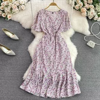 RUGOD женское осеннее платье с v-образным вырезом, расклешенными рукавами на талии и тонкими оборками трапециевидной формы, нестандартное платье с цветочным принтом «рыбий хвост»