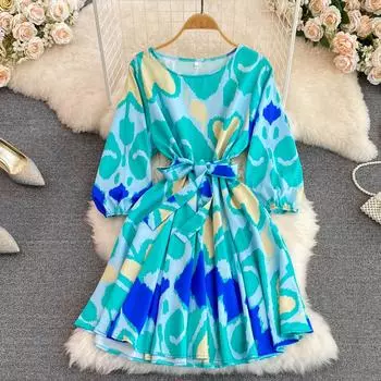 RUGOD Женское осеннее платье трапециевидной формы с круглым вырезом и пышными рукавами на талии с бантом и принтом S красный