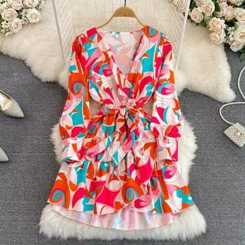 RUGOD Женское осеннее платье трапециевидной формы с рюшами и v-образным вырезом, галстуком-бабочкой и принтом