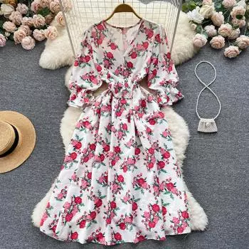RUGOD Женское осеннее тонкое платье с v-образным вырезом и короткими рукавами для отдыха у моря с цветочным принтом