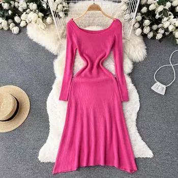 RUGOD Женское осеннее тонкое платье трапециевидной формы с круглым вырезом и длинными рукавами One Size