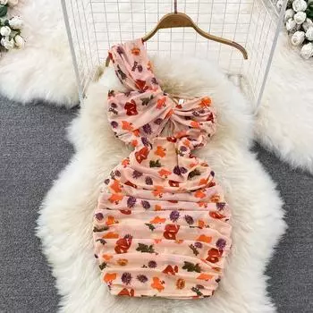 RUGOD женское платье на бретельках с цветочным принтом и наклонными плечами, плиссированное, плотное, с полой сумкой, на бедрах, платье