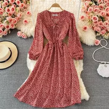 RUGOD женское платье с v-образным вырезом и цветочным принтом, платья с длинными рукавами, женские милые тонкие платья с высокой талией, большие свободные платья, осень 2022 г.