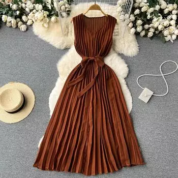 RUGOD Женское плиссированное платье-жилет без рукавов, тонкое плиссированное длинное платье с талией S чёрный