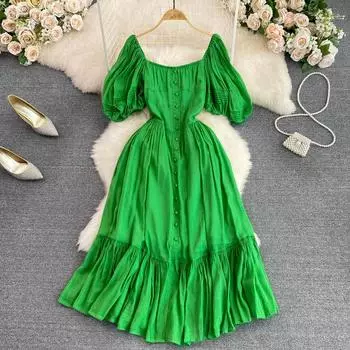 RUGOD Женское пляжное платье Осень Приморский праздник Длинное платье Квадратная шея Талия Тонкий однобортный A-line платье