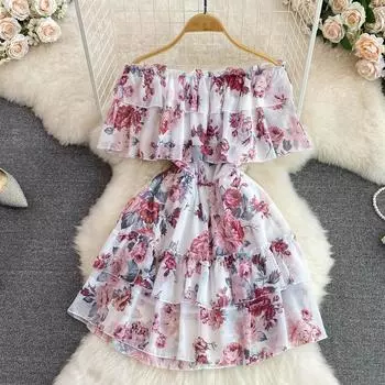 RUGOD Женское праздничное платье на одно плечо с рюшами на талии и тонкое шифоновое праздничное платье с буквенным принтом