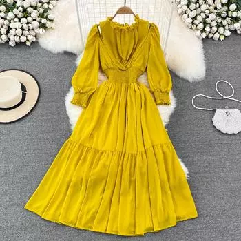 RUGOD женское весенне-осеннее новое винтажное длинное платье с рукавами-фонариками и высокой талией, повседневное пляжное платье трапециевидной формы, высокое качество, Vestidos