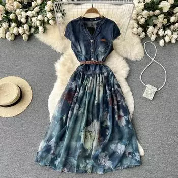 RUGOD женственное темпераментное джинсовое платье с v-образным вырезом и повязкой на талии, закрывающее шифоновое платье с принтом, элегантное большое платье M синий
