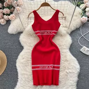 RUGOD жилет без рукавов платье с v-образным вырезом осеннее женское трикотажное платье на бедрах с талией