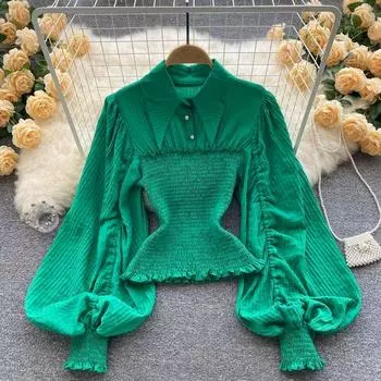 RUGODПлиссированная короткая тонкая рубашка в стиле ретро с рукавами-фонариками и застежкой на талии с острым воротником, универсальный топ в иностранном стиле One Size белый