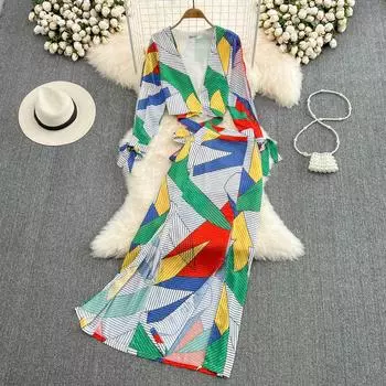 RUGOG модный костюм для отдыха на море, женский короткий топ с глубоким v-образным вырезом в красочную полоску, юбка из двух частей с высокой талией и разрезом