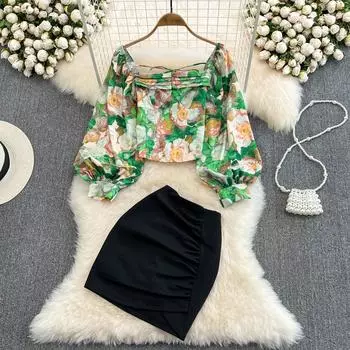 RUGOG модный женский костюм с французскими рукавами и квадратным вырезом, облегающая короткая шифоновая рубашка, комплект из двух предметов, юбка с высокой талией и бедрами