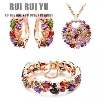 RUI RUI YU 3 шт./компл. Женский свадебный модный комплект ювелирных изделий с цветным цирконом, ожерелье и серьги с искусственными камнями Bracelet size 18CM